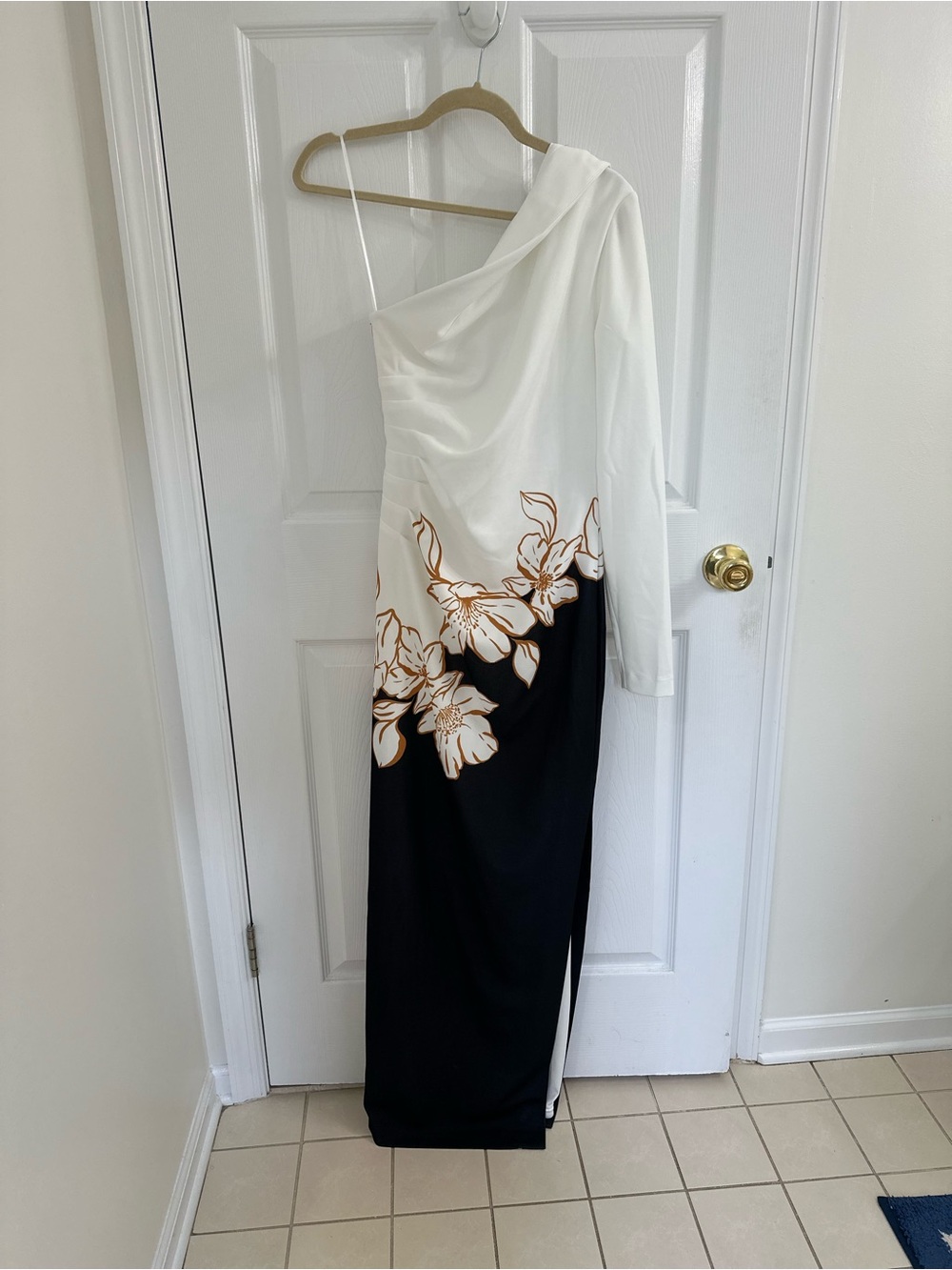 One-Shoulder Floral Maxi Dress in White, Black & Tan